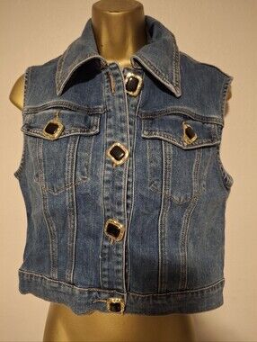 Vintage Blue Denim Vest with Gold & Black Accent Buttons